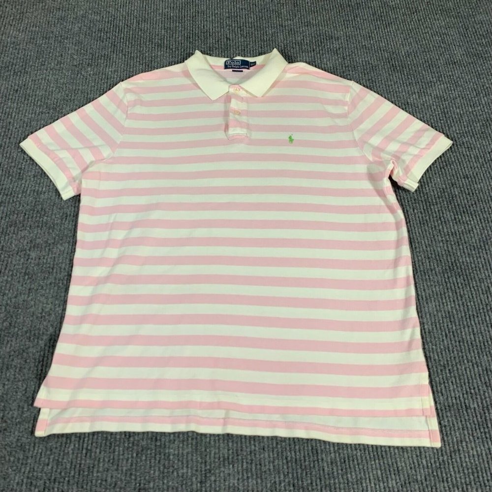 Polo Ralph Lauren Shirt Mens 2XL Pink White Striped Pony Embroidered Golf Polo